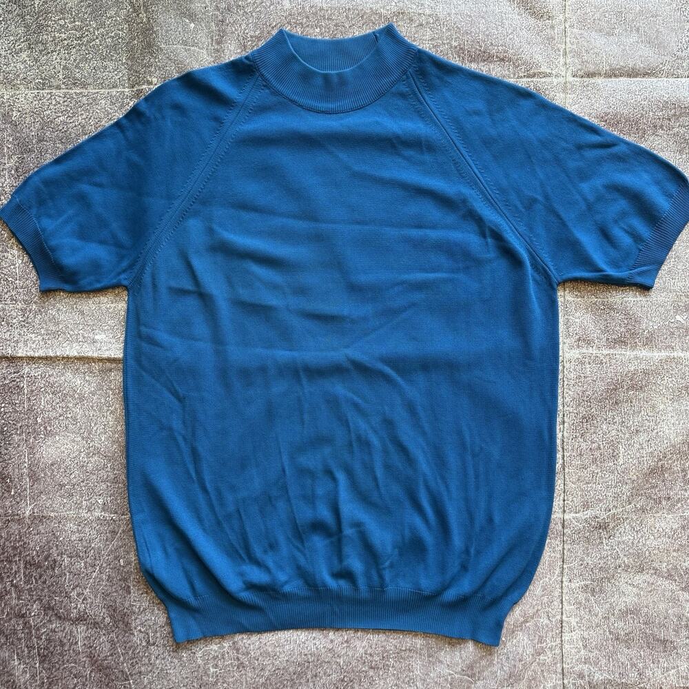 Mens Vintage 60s Leonardo Strassi Blue Mock Neck Sweater Short Sleeve Shirt Sz M